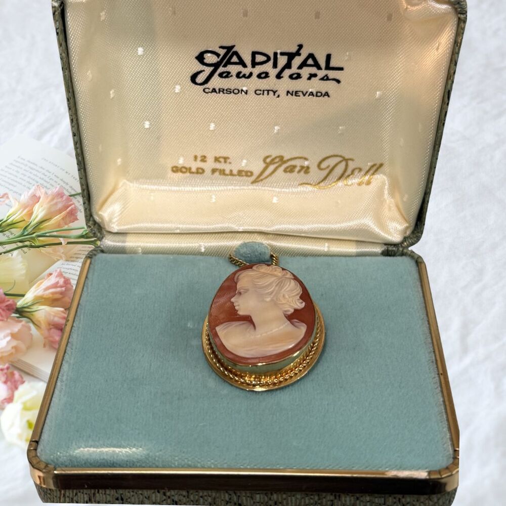 VTG Van Dell 12KT GF Carved Shell Cameo Brooch / Pendant W/Original Box Estate